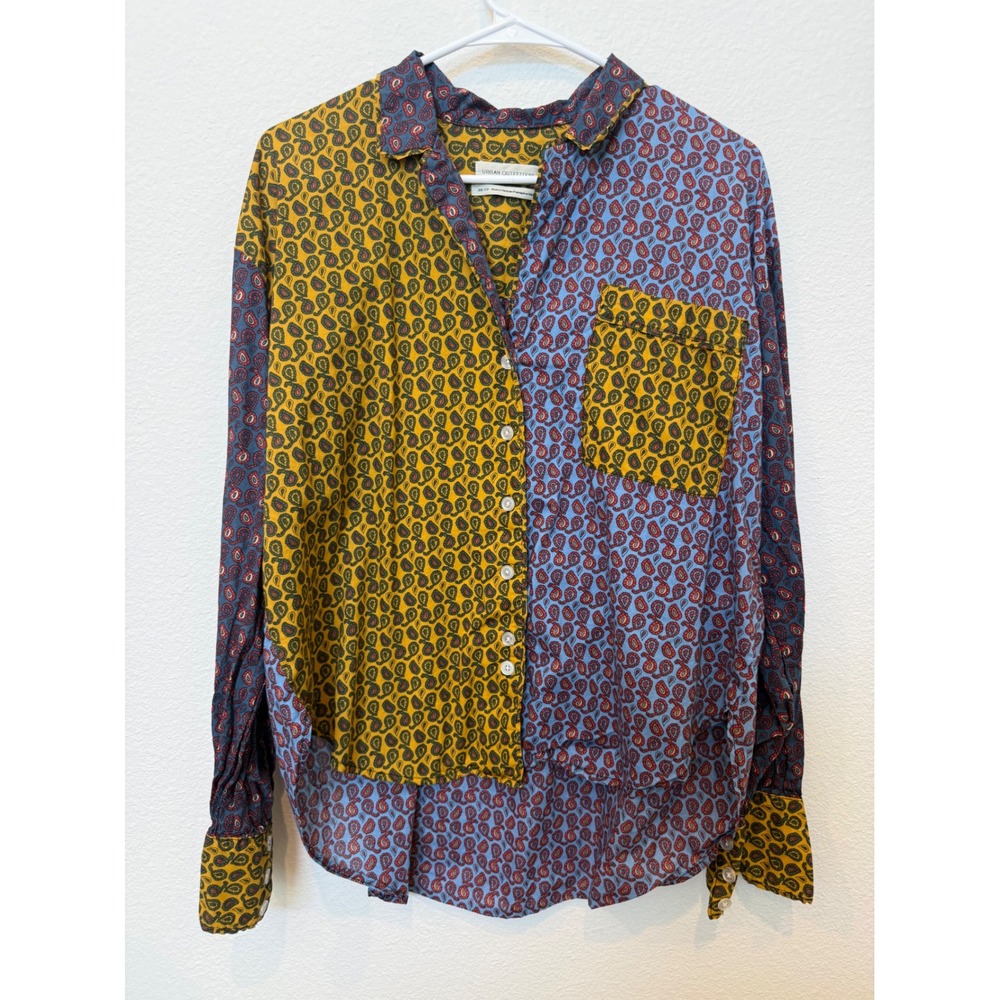 Urban Outfitters Paisley Colorblock Button Down Shirt Blue Yellow XS Cotton